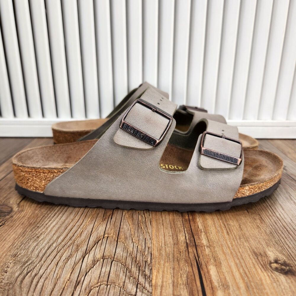 Birkenstock Arizona Slide Sandals Womens Sz 8 Gray Suede Dual Strap Cork Footbed